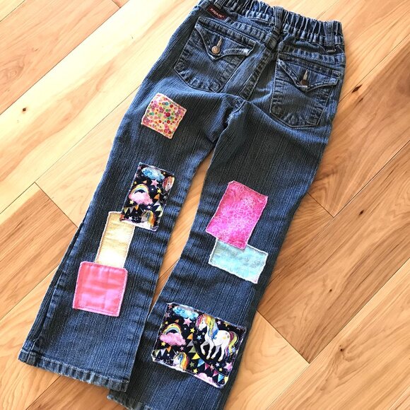 Child’s Upcycled Patch Jeans, Size 6X: Elastic Waist, Handmade Unicorn Patchwork - Picture 3 of 15
